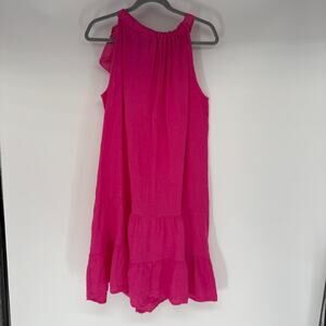 Bella Umbra Halter Sundress Size L Hot Pink Linen Sleeveless Tiered Bow Tie Neck